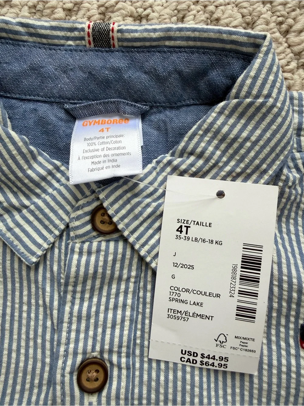 Gymboree Light Blue Seersucker Button-Down Shirt with Flag Embroidery